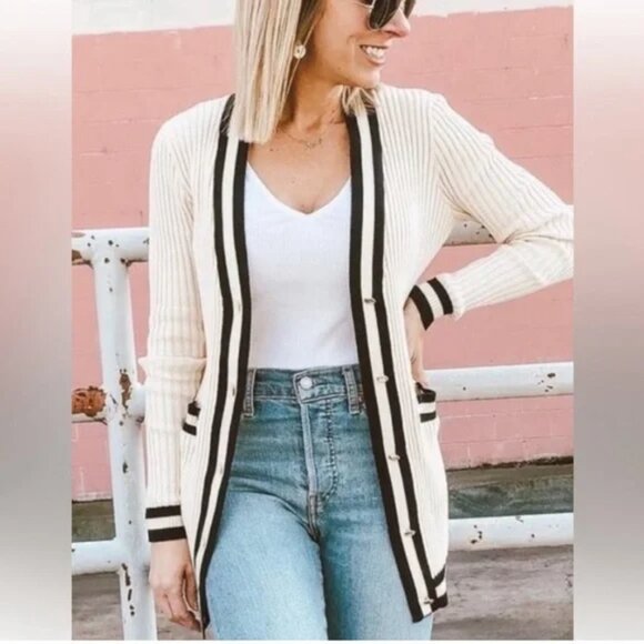 CAbi Radcliffe Cardigan Cream & Navy Gold Buttons Long Sweater - Women's sz M - Picture 7 of 7